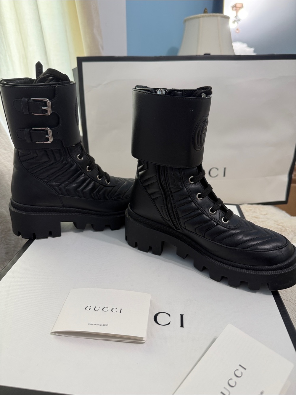 Gucci Black Quilted Leather Lace-Up Combat Boots - Picture 5 of 8